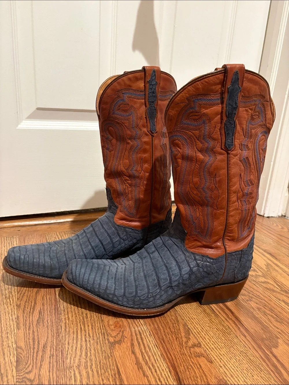 Dan Post Men's Western Cowboy Boots - Blue Distressed Toe & Chestnut Shaft - Picture 2 of 7
